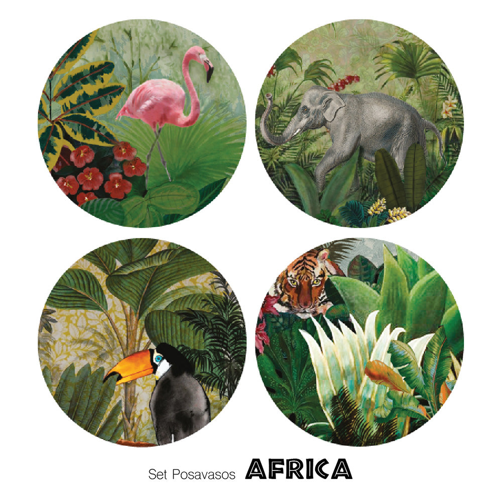 AFRICA Set 4 Posavasos de Vinilo Reutilizables 10 cm.